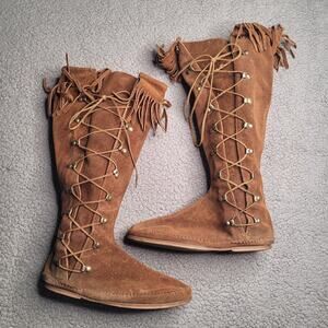 VTG Minnetonka Boots 9.5 Brown Suede Fringe Moccasin 60s 70s Tall Knee High Boho